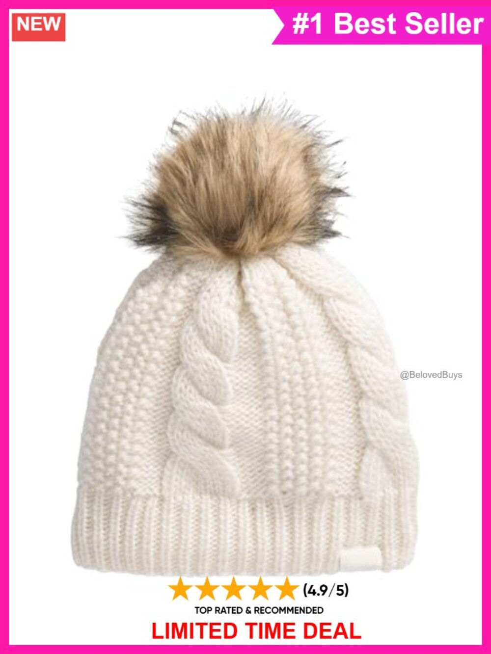 Fleece Lined Cable Knit Beanie with Faux Fur Pom, Cuffed Winter Hat